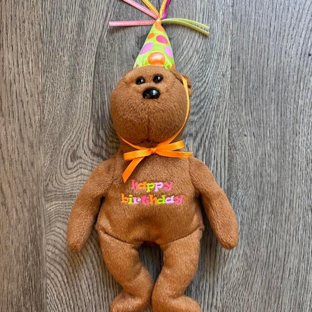 Ty Beanie Babies Happy Birthday Brown Bear with orange bow 2008 Y2K gift